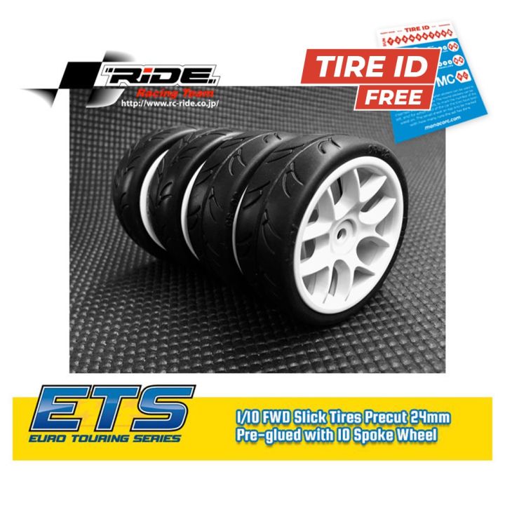 Ride Slick Tires 1:10 Precut 24mm Preglued with 10 Spoke Wheel White (4)
